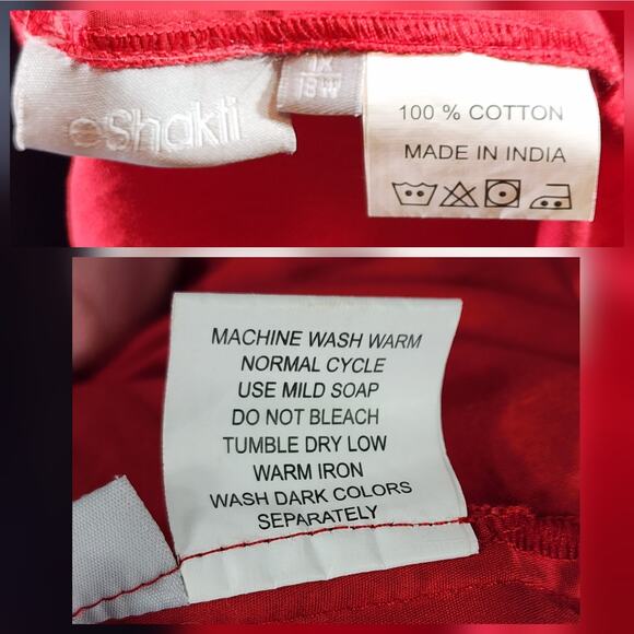 eShakti Maxi Flower Dress 1X 18W Red White Pocket Cotton Surplice Neck Smocked - Picture 3 of 11